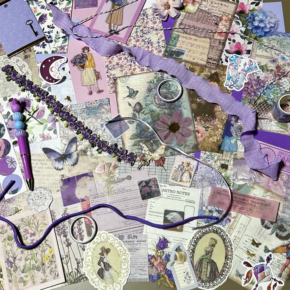 Lavender Dreams theme scrapbook junk journal kit with beaded pen
